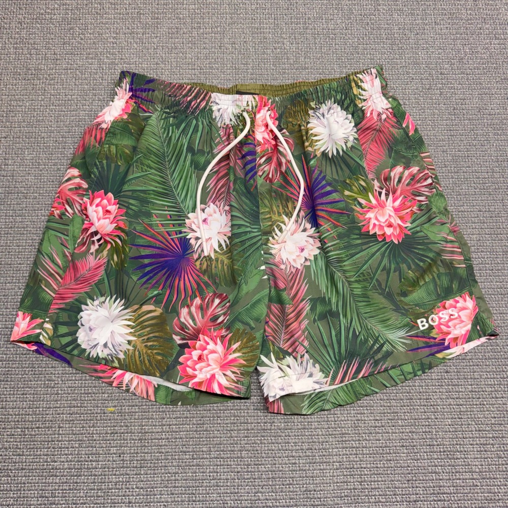Hugo Boss Mens XL Tropical Floral Palm Print Swim Trunks Green Pink Board Shorts